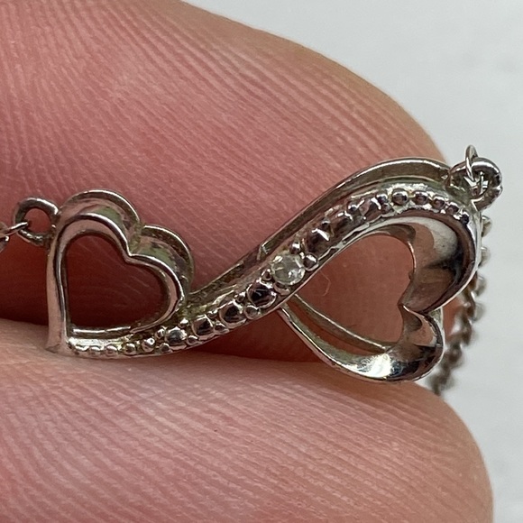 Sterling Silver Double Heart Necklace with Diamond Center Stone - Picture 9 of 9